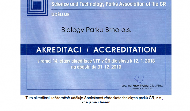 AKREDITACE pro  Biology Park Brno, a. s.